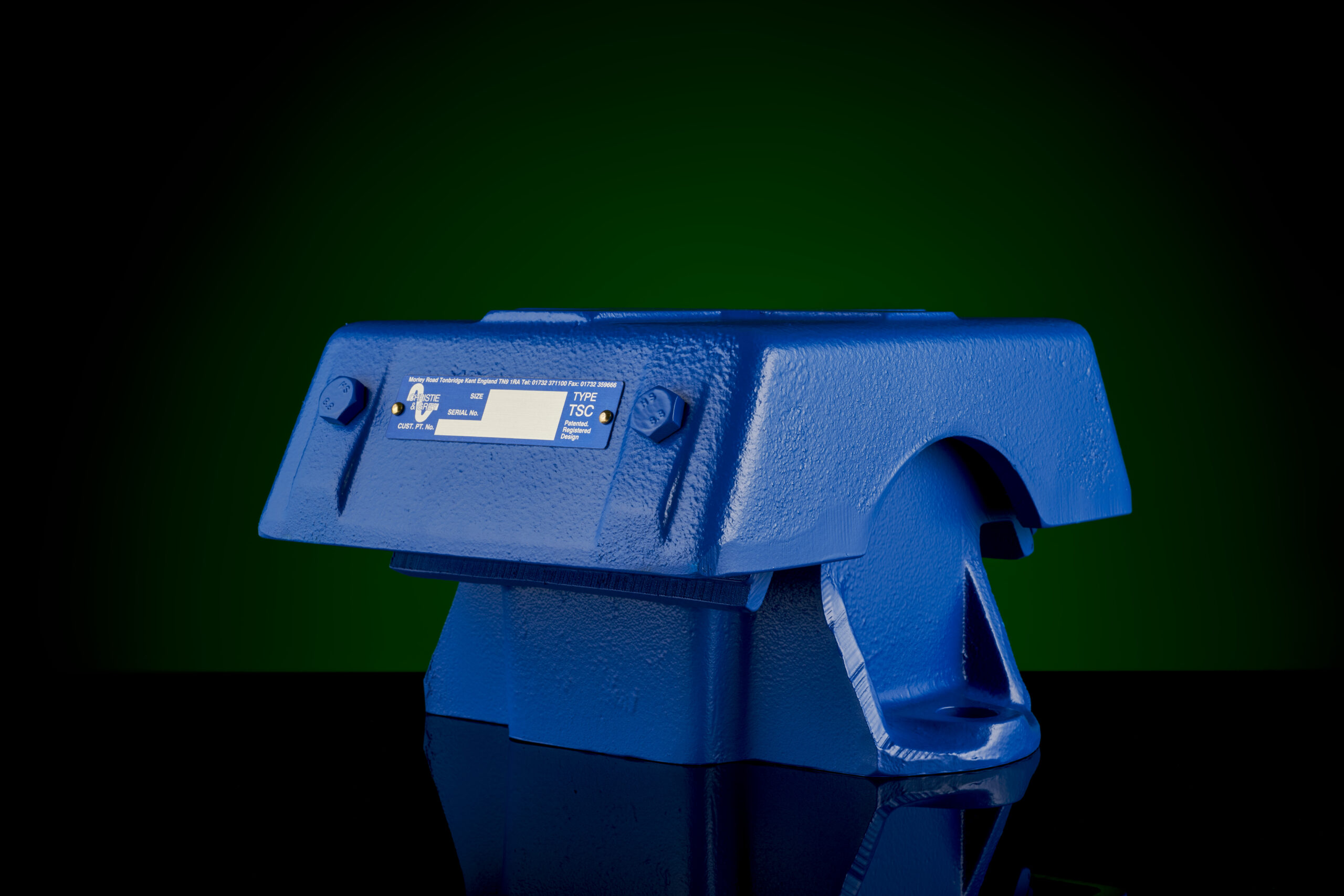 A blue TSC on a dark background